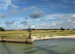 Ein verwitterter Lampenpfahl am Hafeneingang steht auf einem Betonpfeiler am ruhigen Wasser, umgeben von üppigem grünem und gelb-braunem Strandgräsern und einem wolkig-blauen Himmel.