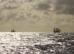 Zwei Segelschiffe gleiten unter einem bewölkten Himmel über ein schimmerndes Meer. Das Sonnenlicht spiegelt sich im Wasser und erzeugt einen silbrigen Effekt, der sich bis zum Horizont erstreckt. Als Silhouetten im Licht vermitteln die Boote in dieser lic
