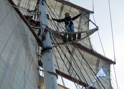 Ein Crewmitglied steht in der Takelage eines Großseglers und balanciert selbstbewusst auf der Saling zwischen Segeln und Masten.