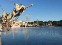 Ruhige Morgenstimmung im Hafen von Eckernförde mit verschiedenen Segelbooten und Yachten, die unter einem klaren blauen Himmel am Ufer vertäut sind.
